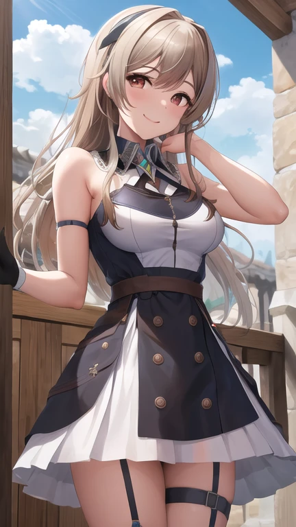 Obra maestra, mejor calidad, high resolution, fel1, guanteletes de novia, muslos negros, hombros descubiertos, belt, correas de liga, vestido blanco, guantes de codo, al aire libre, sonrisa, tiro de vaquero,