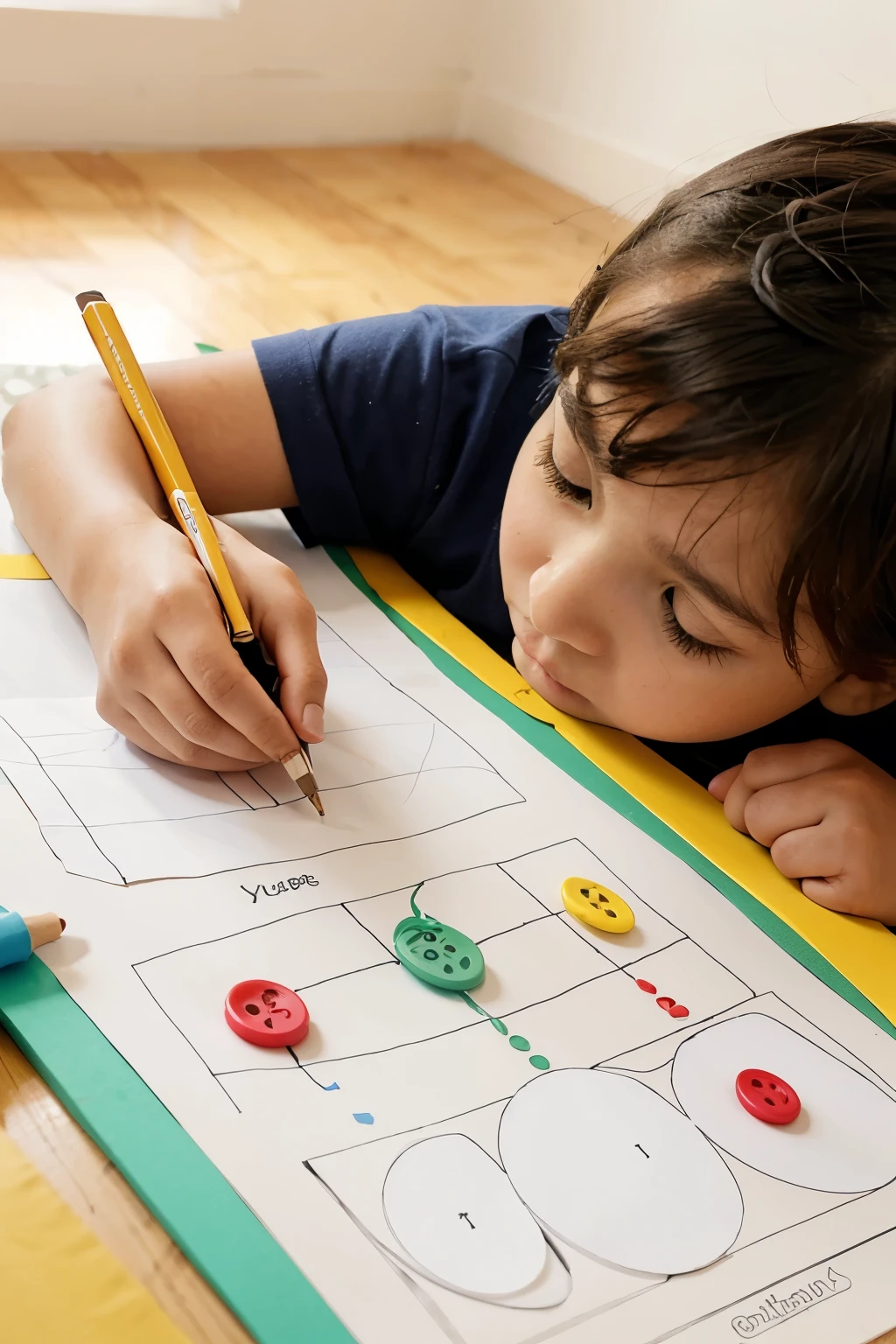 3 year old children drawing pictures using colored buttons glued on a sheet of paper. No puede haber. Colores ni lapiz en la imagen