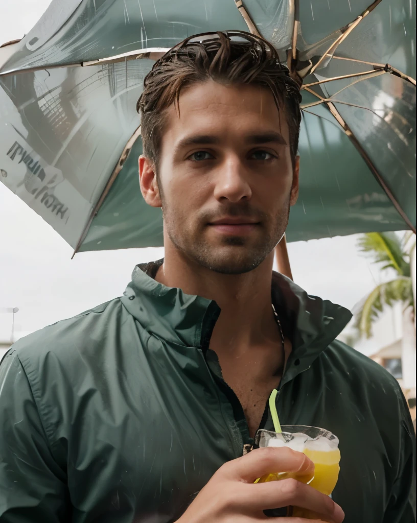 4k uhd picture of handsome 35 year old desirable caucasian man with distinguished features, ((standing in the rain, holding a Pina Colada in one hand, umbrella in the other)). He is looking directly at the camera and has a seductive smile with a gentle expression, perfectly symmetrical face, Athletic build, light brown medium length haircut with cropped sides, ((intriguing green eyes)), tall height. Outdoor lighting masterfully accentuates his excellent features, crisp details, ultra-fine rendering,