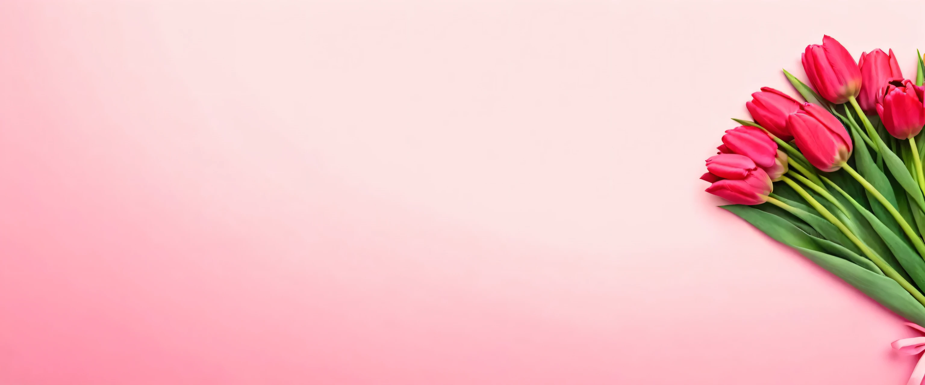 Red bouquet of spring tulips on a long pink banner. Free space for copying. March 8, mother's day, promotion, poster