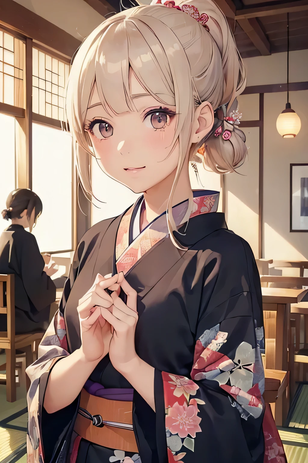 highest quality、High resolution、Detailed Background、(Beautiful face in every detail:1.4)、Anatomically correct、(Draw the usual number of fingers:1.2)、(Detailed facial expressions)、(Detailed eyes:1.2)、(Detailed eyes:1.2)、Beautiful, smooth skin、age beauty、(Three Women)、(Highly detailed face:1.4)、Cute color hair color、ponytail、Bobcut、well-groomed eyebrows、Cute Eye Makeup、Cute Lip Makeup、Calm atmosphere、Happy expression、A big smile、Japanese style cafe、Fit on one screen、
(Two women enjoy chatting and tasting matcha green tea and Japanese sweets at a Japanese style cafe:1.5)、
Wear a kimono or long-sleeved kimono、Hakama and Tomesode、Kimono such as long-sleeved kimono、Obi and Fukuro Obi、Decorations such as collars、Choose cute patterns and colors to match the atmosphere of your cafe.