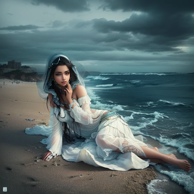 Arabian woman in white dress sitting on the beach near the sea, Surreal photos of the beach, Photo Editing, Fantasy Photography, Photo by Alexei Grilev, beautiful girl, Photo: Alexei Kurylev, Inspired by Irakli Nadar, Photo Editing, Photo Editing, Inspired by Brooke Shaden, realistic Fantasy Photography, Brooke Schadden Details