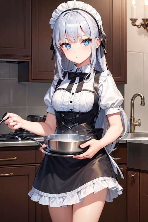 (8k, highest quality, Tabletop:1.2), Ultra-high resolution, One 14-year-old girl, Detailed face, blue eyes, Slightly droopy eyes, Silver long hair, Classic maid outfit in black and white, Luxurious Western-style house kitchen, Cooking, Hold the pan with both hands