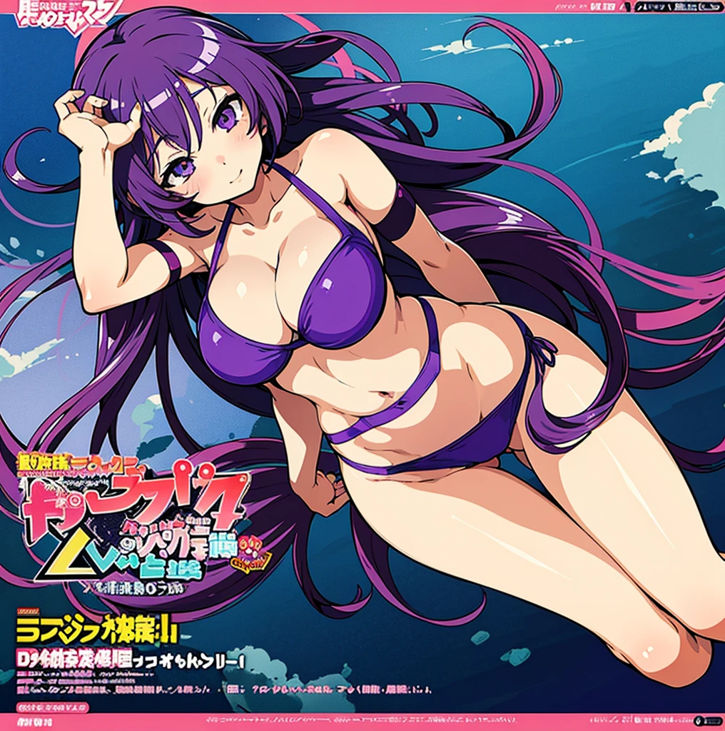 anime girl with long purple hair and purple bra top, seductive anime girl, juri misaki, anime waifu,  anime style, anime moe artstyle, zerochan art, anime goddess, (anime girl), miku, anime monster girl, in a bikini, is wearing a swimsuit, anime girl, digital anime art!!, waifu, pretty anime girl