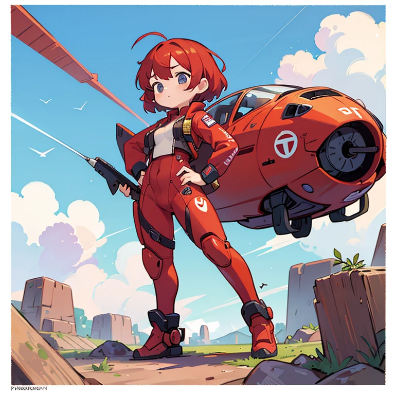 An absurd solution, High resolution, (masterpiece: 1.4), Super detailed, One young woman, Short Red Hair, Pilot Suit, Rich Princess, I&#39;m sitting in a very small, enclosed mecha control room, looking out the window., The window allows you to see the blue planet in space (1.5), The expression is excited, The mecha control room is in space