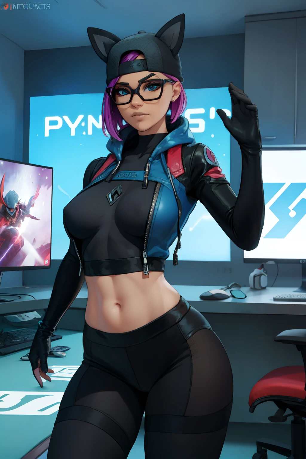 Gaming Zone Lynx Negro guantes sin dedos, leggins black and blue, gafas, gorra, mascarilla o cubre bocas