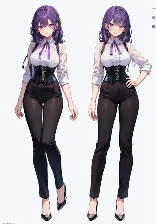 Purple hair,Long hair,Adult female,Bartender,((Body harness)),((Rolling up your sleeves shirt)),(Corset),(slacks),(slit),High heels,((Simple background)),Smile,((Full body)),((whole body)),Character Sheet,