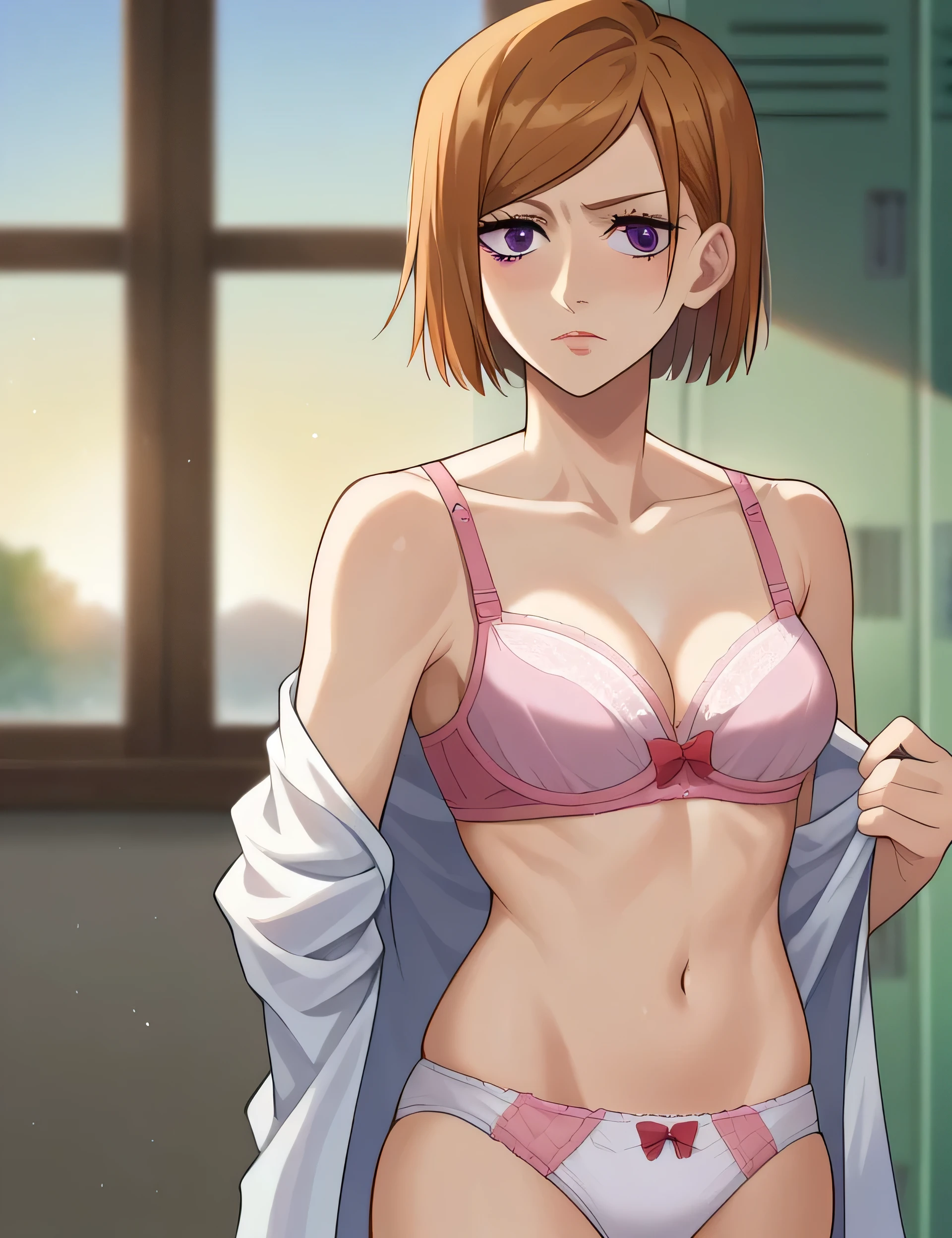 score_9, score_8_superior, score_7_superior, sauce_anime,
Nobarakugisaki, Nobara Kugisaki, Bobcut 1 girl, alone, Short Hair, Purple eyes, indoor, Brown Hair, blush, Hair behind the ear, eyelash, bangs, artist name, chest, bow, Are standing, Blurred background, Blurred, sunset, Undressing, Change of clothes, Open shirt, Shirtless, Cute pink bra, Pure White Panties,locker, window, medium chest, Mouth closed, sunlight, Lips parted, Backlight,