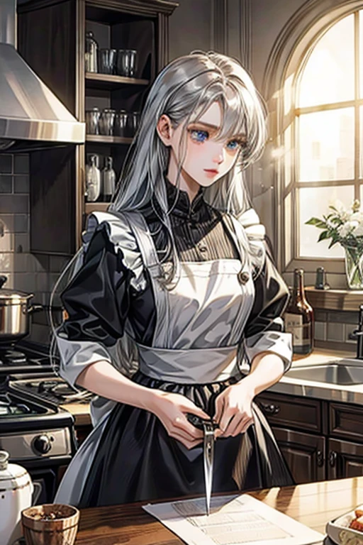 (8k, highest quality, Tabletop:1.2), Ultra-high resolution, One 14-year-old girl, Detailed face, blue eyes, Slightly droopy eyes, Silver long hair, Classic maid outfit in black and white, Luxurious Western-style house kitchen, Cooking, Cutting ingredients with a knife