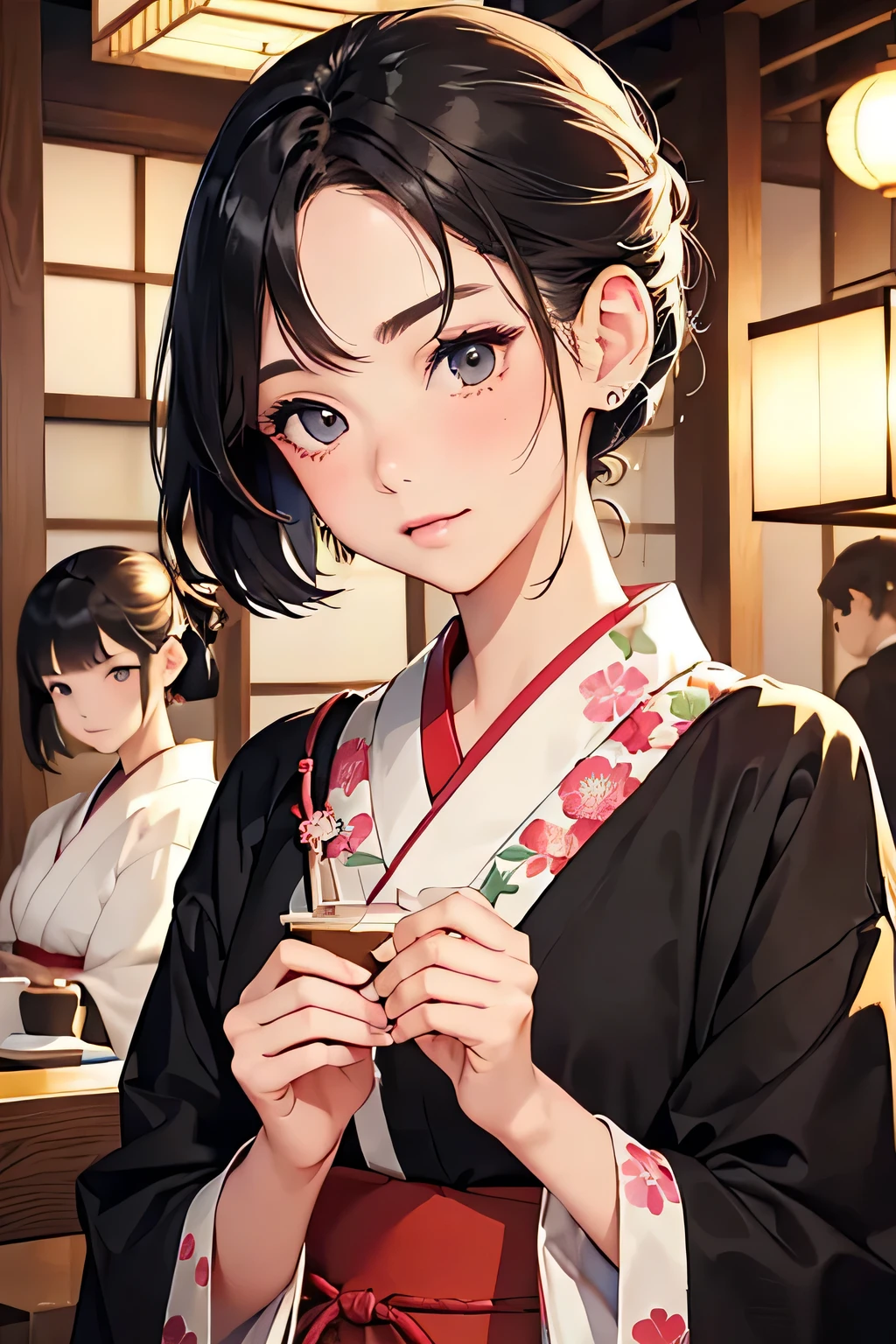 highest quality、High resolution、Detailed Background、(Beautiful face in every detail:1.4)、Anatomically correct、(Draw the usual number of fingers:1.2)、(Detailed facial expressions)、(Detailed eyes:1.2)、(Detailed eyes:1.2)、Beautiful, smooth skin、Teenage beauty、(Three Women)、(Highly detailed face:1.4)、Cute color hair color、ponytail、Bobcut、well-groomed eyebrows、Cute Eye Makeup、Cute Lip Makeup、Calm atmosphere、Happy expression、A big smile、Japanese style cafe、Fit on one screen、
(Three women enjoy chatting and tasting matcha green tea and Japanese sweets at a Japanese style cafe:1.5)、
Wear a kimono or long-sleeved kimono、Hakama and Tomesode、Kimono such as long-sleeved kimono、Obi and Fukuro Obi、Decorations such as collars、Choose cute patterns and colors to match the atmosphere of your cafe.