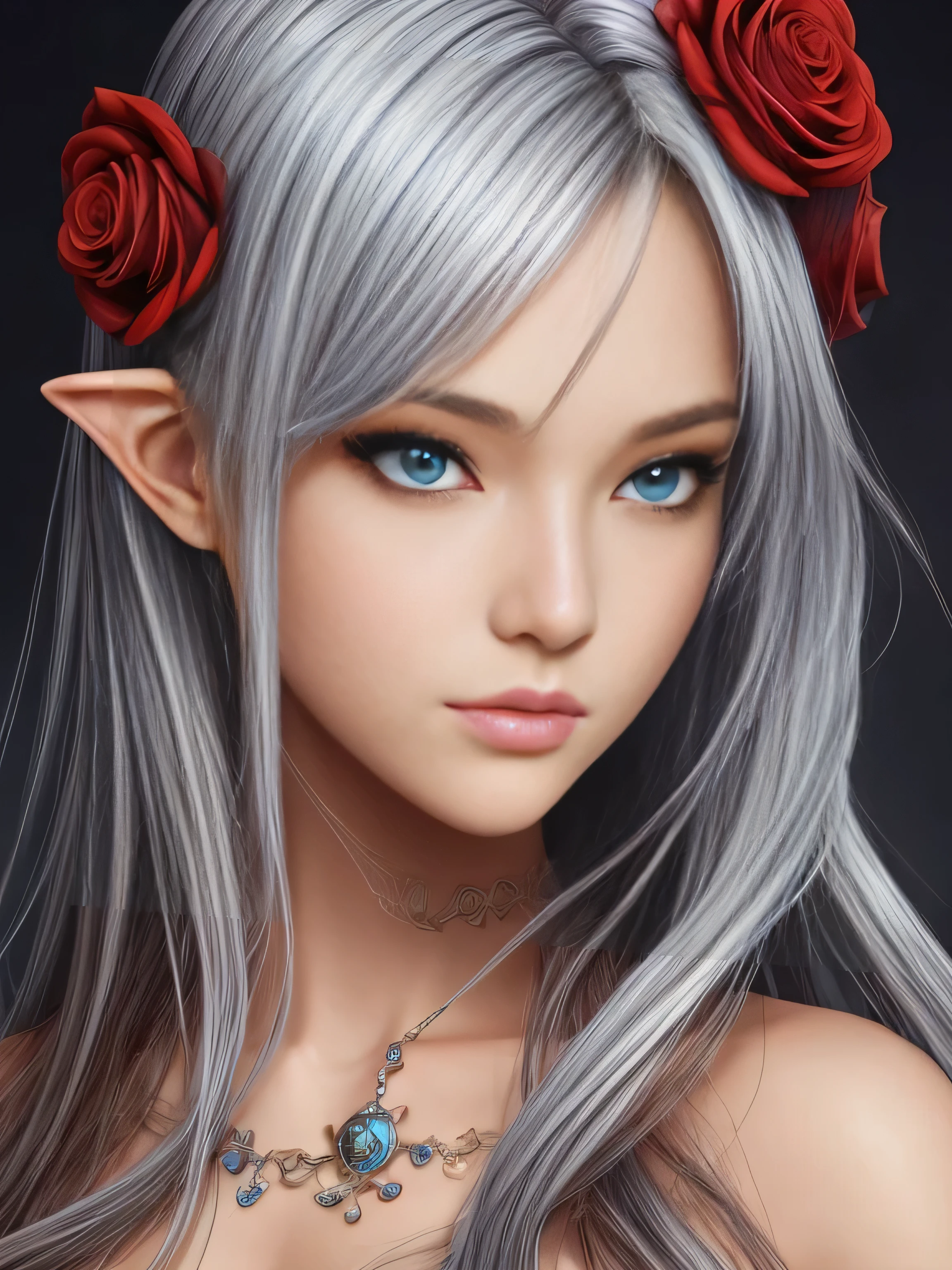 blond girl with blue eyes and red roses in her hair, concept art by Yang J, Artstation contest winner, fantasy art, extremely detailed artgerm, artgerm. high detail, artgerm detailed, artgerm. anime illustration, style artgerm, elf girl, ig model | artgerm, style of artgerm, artgerm style, 8k character details, high quality anime art, high quality illustration, detailed anime wallpapers, detailed anime art, hyper realistic, elegant, high quality realistic anime art, ((Finely drawn eyes)) [Perfectly detailed eyes((Beautiful eyes like jewels) drawn in great detail)[clearly drawn pupils]],[eye light[Precise eye lighting]],[long and beautiful eyelashes],[precisely drawn hair [Beautiful and shiny hair, detailed]], (Perfect hand-detailed [Beautiful fingers without damage [beautiful nails]]), (perfect anatomy (perfectly balanced proportions)) [[Full-length portrait]], [perfect color coordination (Accurate simulation of the interaction of light and materials)],([Precise detail](detailed, high)),[Visual art that tells a story],((highest quality)high [[High density drawing]])(4K quality)