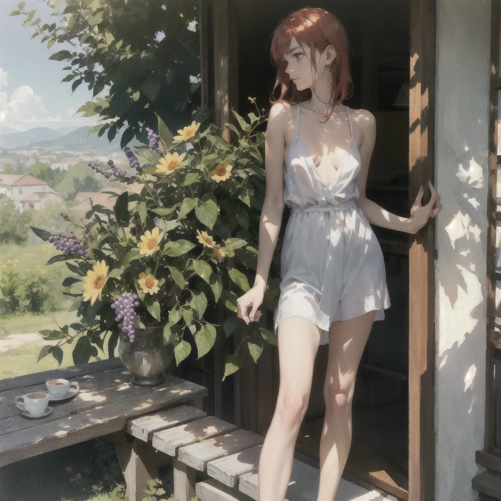 An exquisite slender tender girl of 16 years old with a perfect tender face with red hair with freckles in the rays of the rising sun, naked with tender breasts with pink nipples, barefoot on the veranda in the garden drinks (coffee) and looks at the flowers, in watercolor style, discreet light shades, Flares, imitation of film photography, against the sun, a lot of sun glare, light fills the frame, (olive and grape shades), (warm soft evening light)