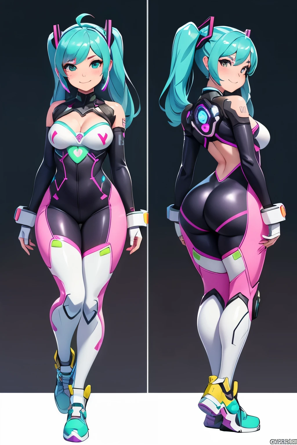 Overwatch DVA, Priority BASE IMAGE ID coskidle878c73f20vog, DETAILED IMAGE, Miku Miku Hair style, Hair Black color, full body, small breast, cleavage, focus big ass, Full NEON BODYSUIT Clothing, smile expression