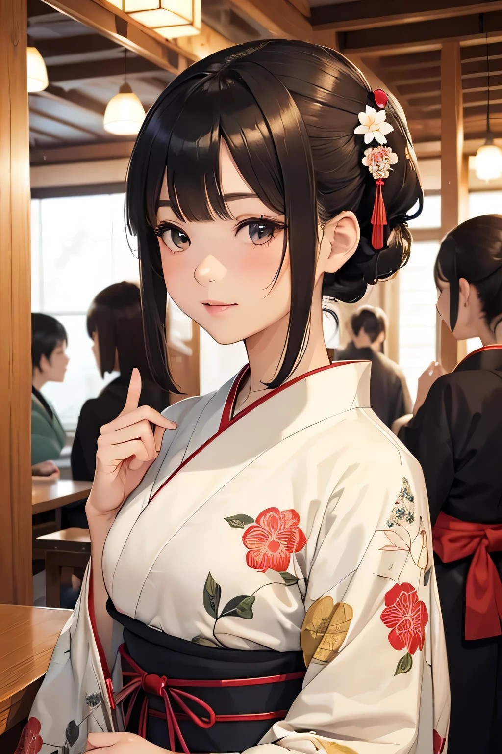 highest quality、High resolution、Detailed Background、(Beautiful face in every detail:1.4)、Anatomically correct、(Draw the usual number of fingers:1.2)、(Detailed facial expressions)、(Detailed eyes:1.2)、(Detailed eyes:1.2)、Beautiful, smooth skin、Teenage beauty、(Three Women)、(Highly detailed face:1.4)、Cute color hair color、ponytail、Bobcut、well-groomed eyebrows、Cute Eye Makeup、Cute Lip Makeup、Calm atmosphere、Happy expression、A big smile、Japanese style cafe、
(Three women enjoy chatting and tasting matcha green tea and Japanese sweets at a Japanese style cafe:1.5)、
Wear a kimono or long-sleeved kimono、Hakama and Tomesode、Kimono such as long-sleeved kimono、Obi and Fukuro Obi、Decorations such as collars、Choose cute patterns and colors to match the atmosphere of your cafe.