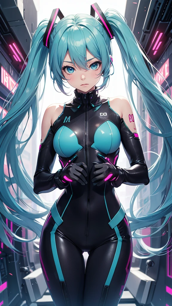 Hatsune Miku Vocaloid, Twin Tails, Light Blue Eyes, Light Blue Hair, Bodysuit, Cyber punk, Ultimate Physical Beauty, Beautiful Eyes, embarrassed look , sexy costume, Bigchest, 8K CG, Top Quality, Best Image Quality,