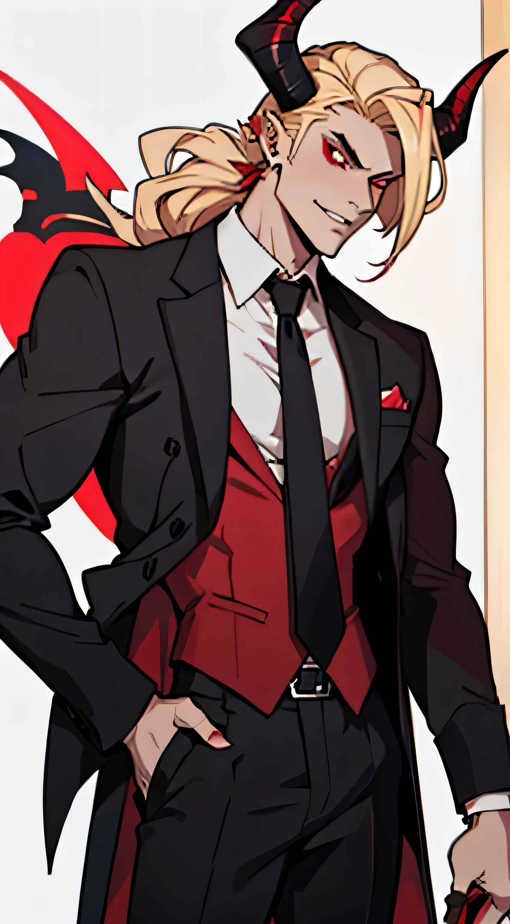 Hazbin Hotel Male Lilith, big red ram horns, demon, tall, blonde, muscular, black suit, necktie, handsome, 1male, 1guy