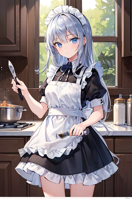 (8k, highest quality, Tabletop:1.2), Ultra-high resolution, One , Detailed face, blue eyes, Slightly droopy eyes, Silver long hair, Classic maid outfit in black and white, Luxurious Western-style house kitchen, Cooking, Cutting ingredients with a knife