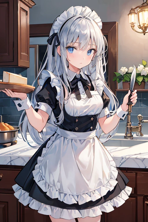 (8k, highest quality, Tabletop:1.2), Ultra-high resolution, One -yeld gi Detailed face, blue eyes, Slightly droopy eyes, Silver long hair, Classic maid outfit in black and white, Luxurious Western-style house kitchen, Cooking, Cutting ingredients with a knife