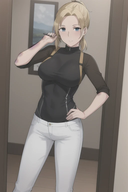 NTRman, masterpiece, best quality, 1girl, solo, mature female, toned, JVRE5, blonde hair, bodysuit, ponytail,
