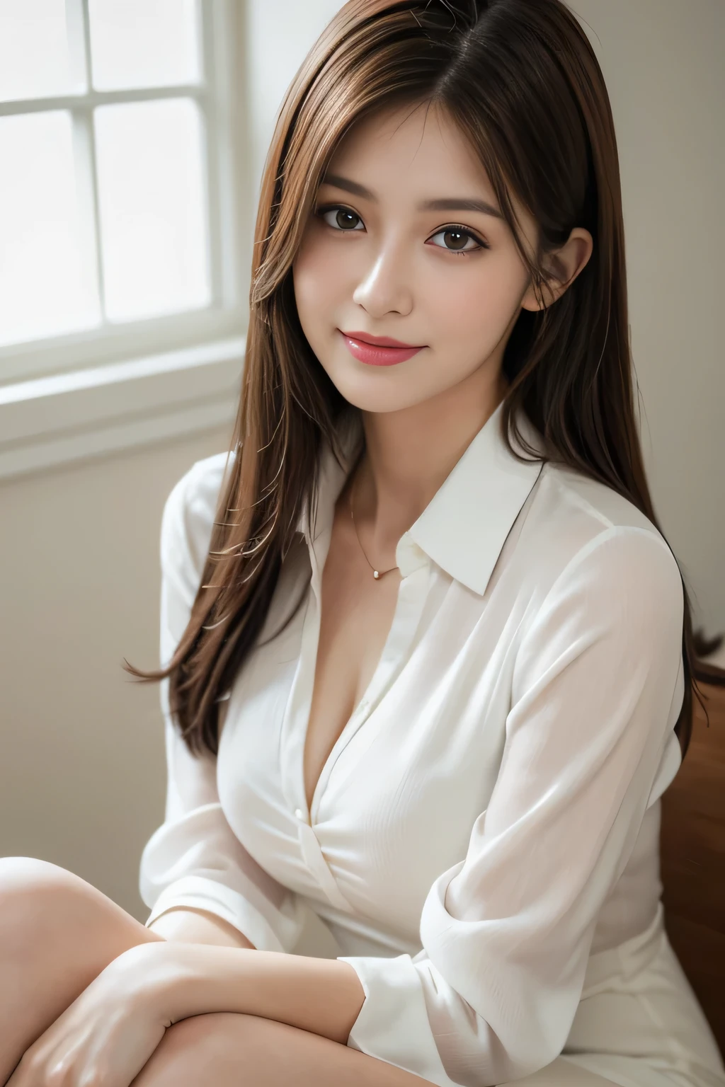 (RAW Photos), (Realistic), (masterpiece), (highest quality), High resolution, 8k, (Intricate details), (Volumetric Light), Portraiture, woman, Age 35, Medium Hair, Straight hair, Medium Chest, Accentuate your cleavage, Layered Hair, Brown Hair, Very beautiful eyes, Source order, Very thin eyebrows, Very fine skin, Very beautiful mouth, Very nice nose, Cute like an idol, smile, (Thick lips), (Looking at the audience), (White collared dress shirt), Above the knee shot,