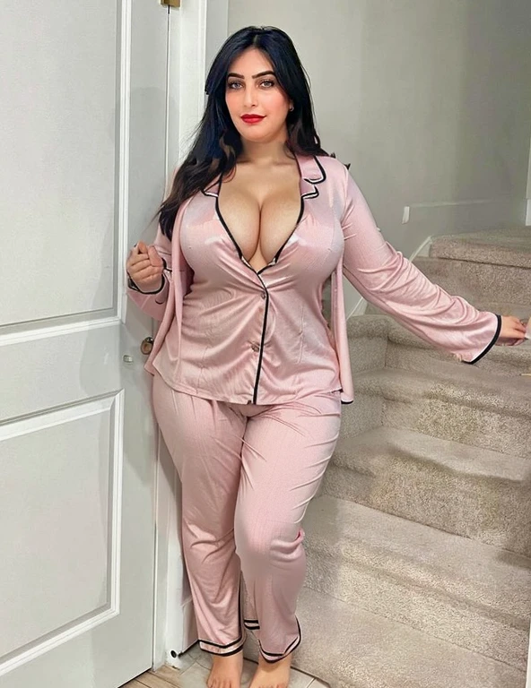 Pajamas, curvy body, cleavage