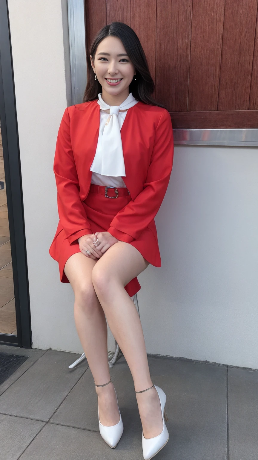 ((masterpiece, best quality)) (Yukari Shirai:0.8; First Summer Uika:0.2) stewardess, mini skirt, short skirt, wavy hair, cute, sweet, smiling at the camera, (seductive expression:1.2), (Stewardess uniform:1), red jacket, white shirt, red necktie, red skirt, (Glamorous body), jewelry, perfect hand, perfect fingers, thighs thighs thighs thighs, slender legs, perfect legs, professional, full body, high heels, hottify, prettify, perfect face