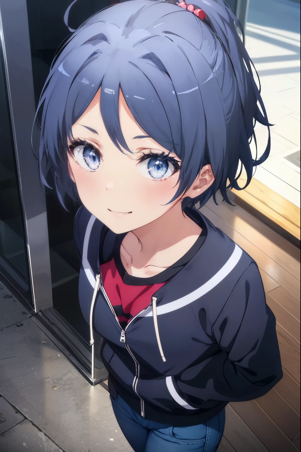 komachihikigaya, komachi hikigaya, short hair, Ponytail Black Hair, hair ornaments, Ahoge, Hair Clip, x hair ornaments, (Purple eyes:1.1),smile,blush, teeth, smile, Open your mouth,Stadium Jacket,sweater,Short denim,White Pantyhose,Red High-Cut Sneakers,winter,whole body,View from above and destruction outdoors, city,Destroy a building area (masterpiece:1.2), highest quality, High resolution, unity 8k wallpaper, (shape:0.8), (Beautiful and beautiful eyes:1.6), Highly detailed face, Perfect lighting, Highly detailed CG, (Perfect hands, Perfect Anatomy),