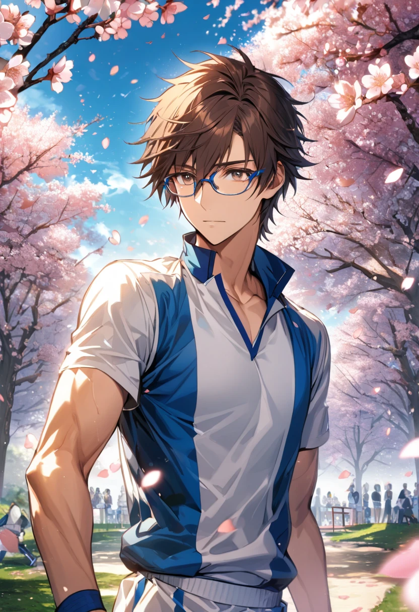 Ultra detailed, Highres, absurdres, HDR, Tezuka Kunimitsu, dark brown hair with bangs, hair between the eyes, expressive brown eyes, glasses, white tennis uniform with blue patterns, Prince Of Tennis, cherry blossoms, petals, extremely handsome, sexy man, solo, very detailed eyes and face, spring, butterflies, blossoms, white tight T-shirt, park, Seigaku tennis uniform, toned chest