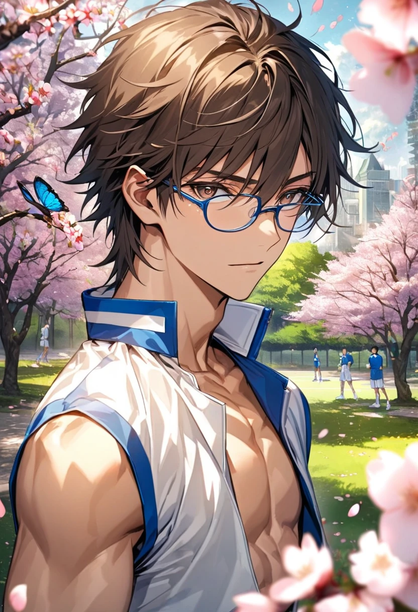 Ultra detailed, Highres, absurdres, HDR, Tezuka Kunimitsu, dark brown hair with bangs, hair between the eyes, expressive brown eyes, glasses, white tennis uniform with blue patterns, Prince Of Tennis, cherry blossoms, petals, extremely handsome, sexy man, solo, very detailed eyes and face, spring, butterflies, blossoms, white tight T-shirt, park, Seigaku tennis uniform, toned chest