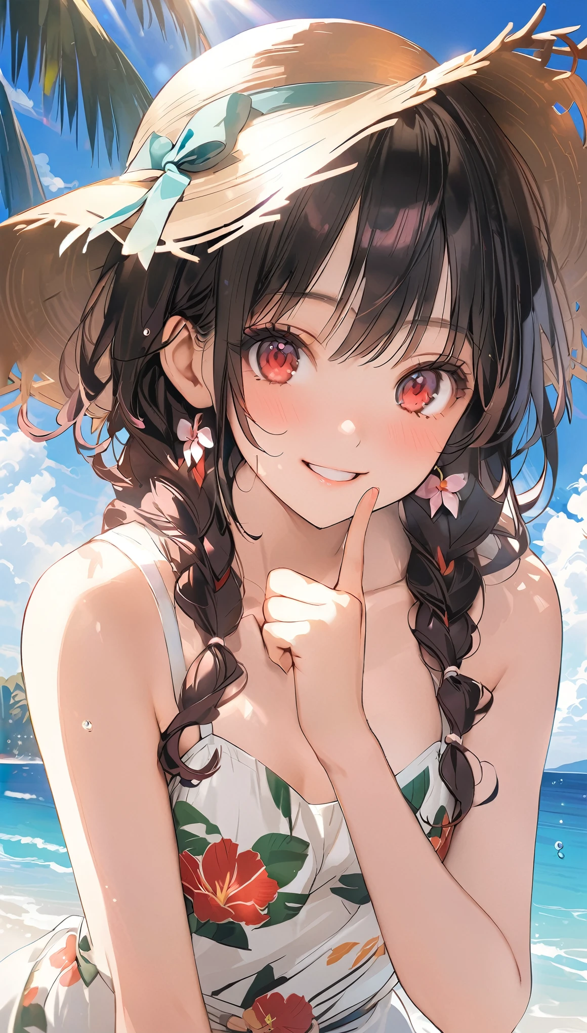 (masterpiece, highest_quality), very be familiar with cg unity 8k wallpaper, wonderful_Are you okay_figure, BREAK 1girl, long black hair wearing a straw hat, small breasts, (shy smile), red eyes, anime style 4k, beautiful anime portrait, anime moe art style, anime art wallpaper 4k, High quality anime art style, anime style portrait, be familiar with digital anime art, anime art wallpaper 8k, cute anime girl portrait, Hawaii background, blue sea, palm trees, sunlight, whole body, BREAK depth of field, perfect hands, nice fingers, 5_finger, 4_finger,1_thumb,