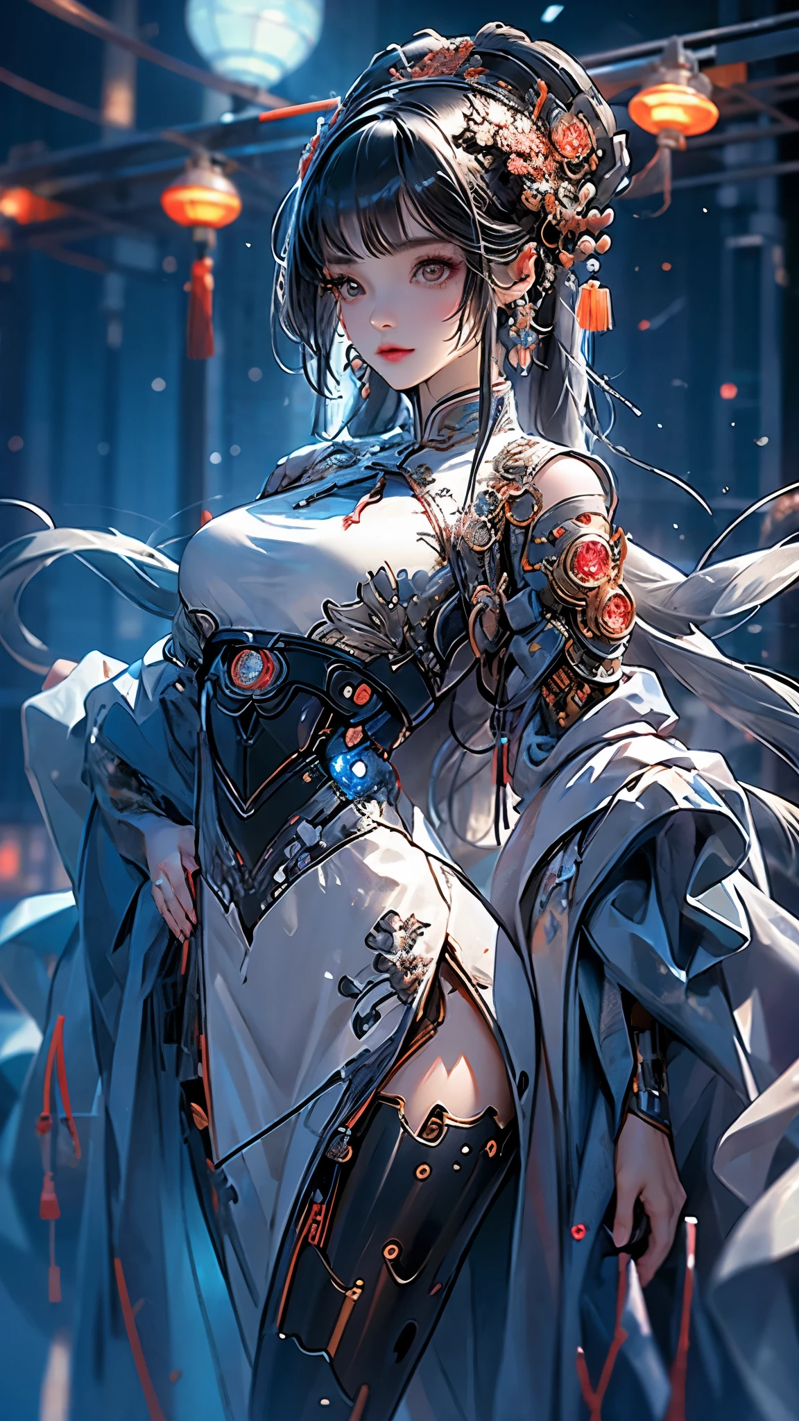 (masterpiece:1.2, best quality), (highly detailed:1.3), realistic, realistic details, detailed, 1 girl, solo, dynamic pose, sexy pose, narrow waist, full body, cowboy shot, nice hands, perfect hands , photo realistic:1.4, (pureerosface_v1:0.5) , (ulzzang-6500-v1.1:0.5), 1 girl, chinese_clothes, cyberhanfu, Cheongsam, Headdress, hair ornament, absurdly long hair, floating hair,
cyberpunk city, cyberpunk, a high-tech city, full of machinery and futuristic element, futurism, technology