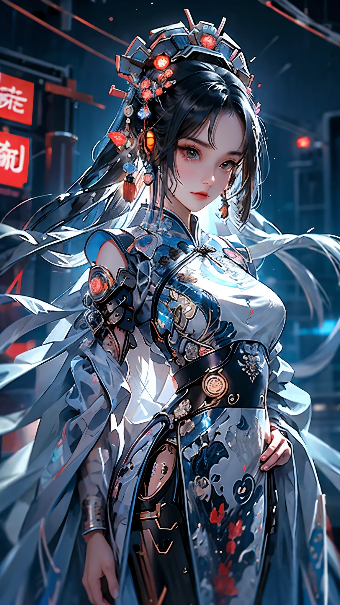 (masterpiece:1.2, best quality), (highly detailed:1.3), realistic, realistic details, detailed, 1 girl, solo, dynamic pose, sexy pose, narrow waist, full body, cowboy shot, nice hands, perfect hands , photo realistic:1.4, (pureerosface_v1:0.5) , (ulzzang-6500-v1.1:0.5), 1 girl, chinese_clothes, cyberhanfu, Cheongsam, Headdress, hair ornament, absurdly long hair, floating hair,
cyberpunk city, cyberpunk, a high-tech city, full of machinery and futuristic element, futurism, technology