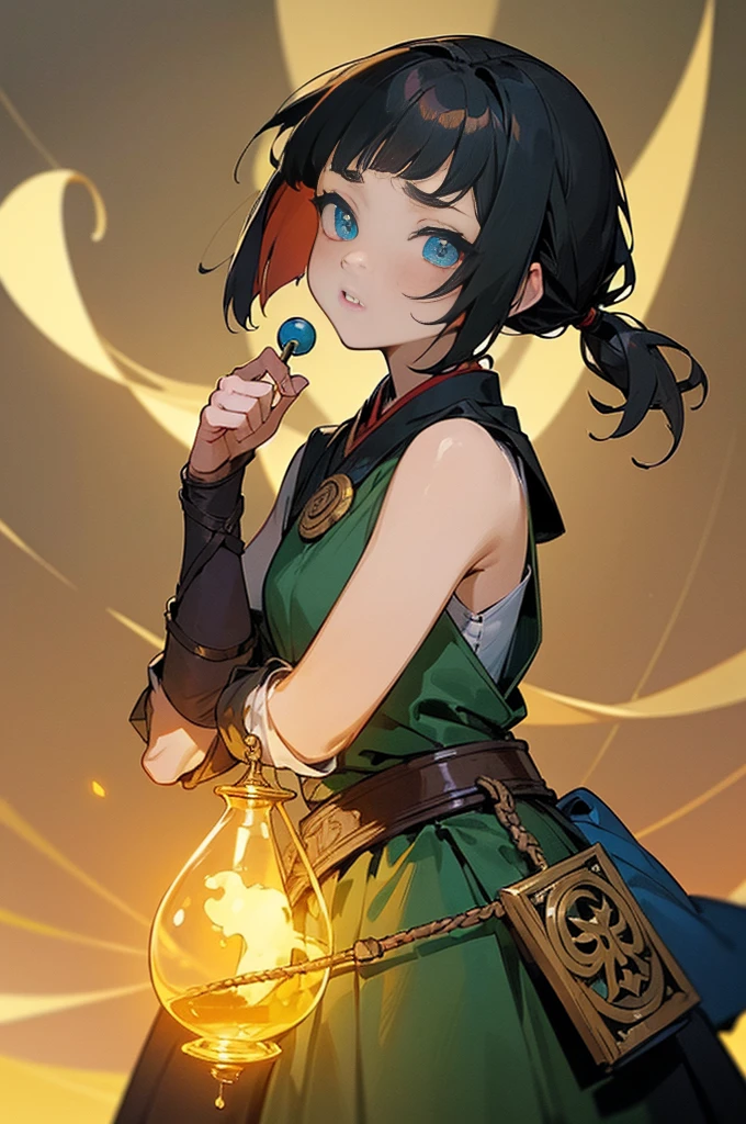 (Fantasy:1.5),(anime,8k,masterpiece, highest quality, highest quality,beautifully、aesthetic:1.2,Professional illustrations:1.1,Super detailed:1.3,Perfect lighting),Very detailed,Most detailed,Incredibly absurd , High resolution, Super detaileded,Complex:1.6,(Alchemy Workshop:1.4),A girl mixing,Many small bottles of medicine,Holds a small potion,colorful:1.4,Tangled,(1girl),(girl),(Female warriors of the Three Kingdoms),(Very exquisite beautiful face and eyes,Firm breasts),Oily skin,((black,hair,short bob with short pony tail hair)),thin pubic hair,cute,Lovely,34 years old,Alchemist's costume,Merchant's clothing,smile,In the kitchen,smile,Seductive Weakness々しいsmile,(with sparkling eyes and a contagious smile),Open your mouth, View your viewers,