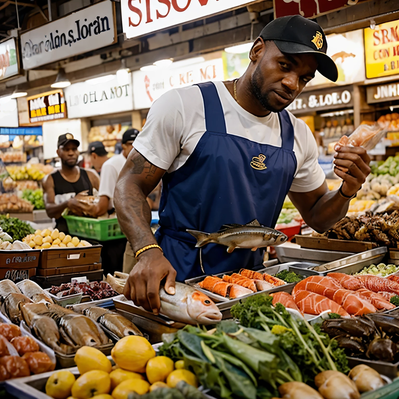 Lebron James selling fresh fish in the market while Stephen buying fish 