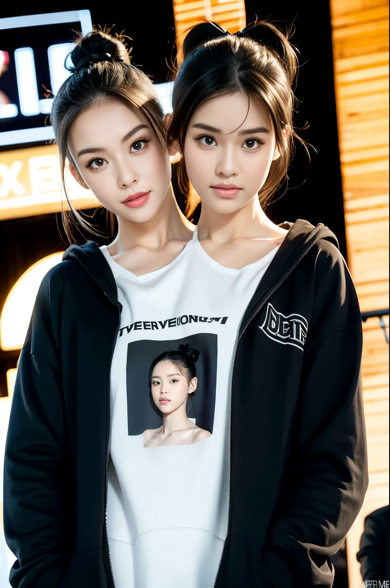 best resolution, 2heads,  half-body shot, korean woman with two heads , white hair, black hair,  hairbun and ponytail,  different faces,  hoodie, stage background