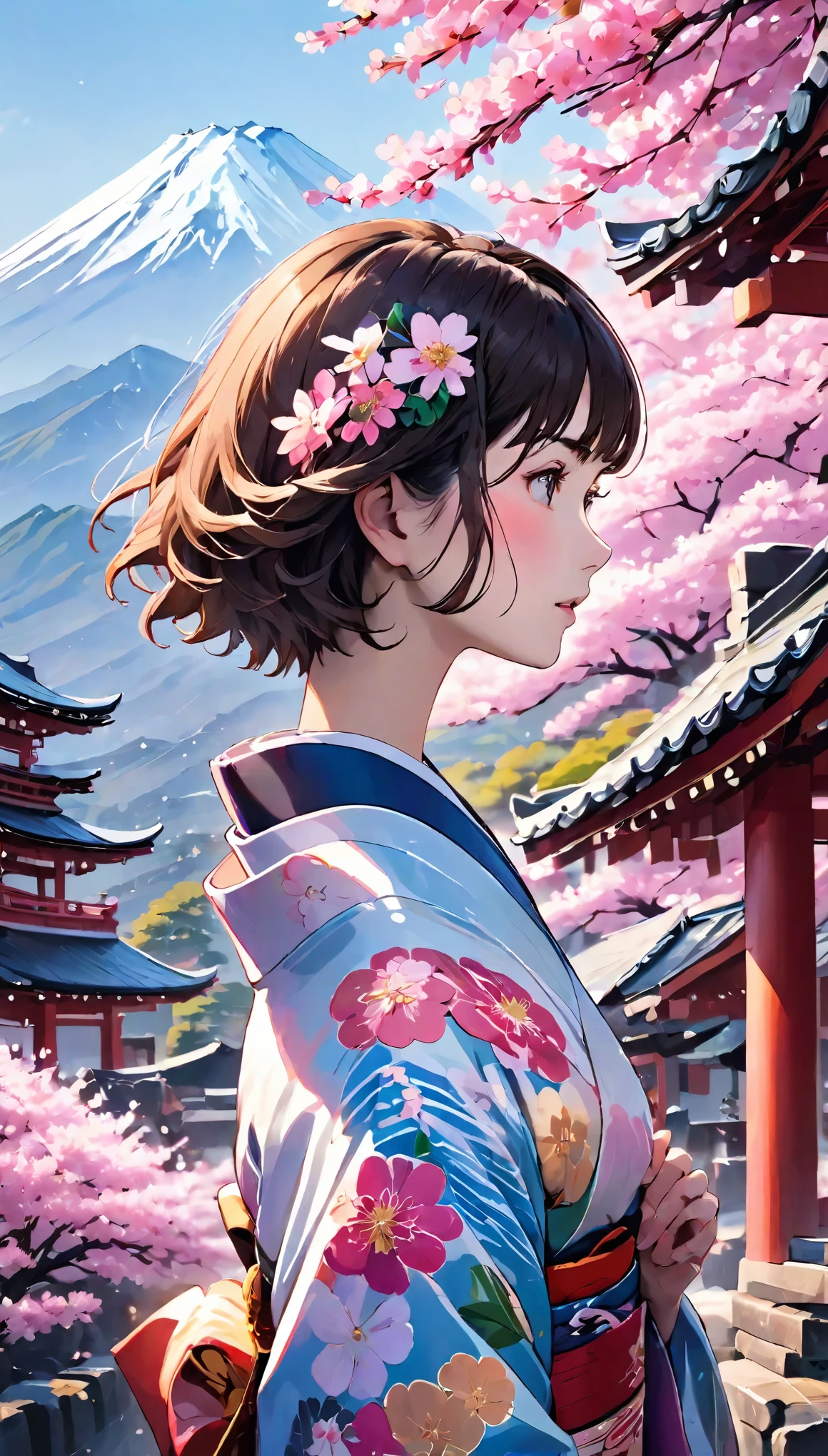 masterpiece, high quality, Very detailed, woman, short hair, hairpin, kimono, Spring flower, the wind is strong, Open the shrine, Pink petals, Fuji Mountain, Depth of written boundary, Blurred Background