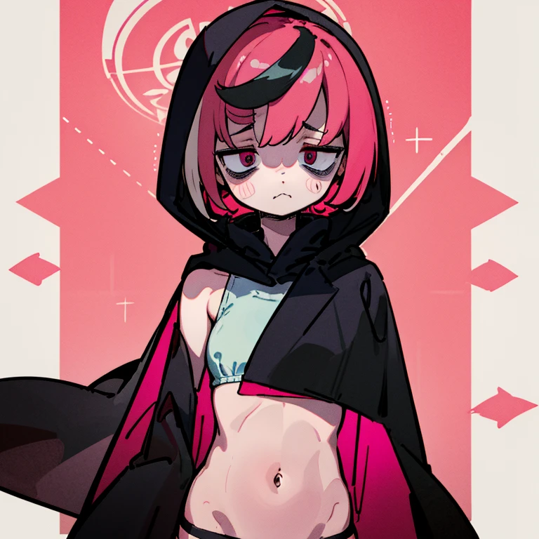 Skinny girl、slenderな腹筋、navel、slender、highest quality、masterpiece、alone、Black and pink multicolored hair、Medium Hair、Sulky face、Short top、coat、Hooded、Bags under eyes、Flat Belly