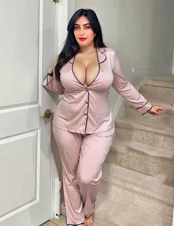 Pajamas, curvy body, cleavage