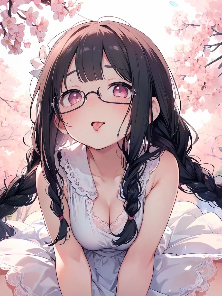 Very detailed, highest quality, High resolution, Moe Anime, ((A cute elementary school girl with black hair and droopy eyes)), ((Wearing large round glasses:1.4)), (Baby Face), Cute eyes, Detailed eye depiction, Sparkle in the eyes, View your viewers, Pale skin, (Big eyes:1.4, Droopy eyes:1.4, Fatty face:1.4), smile, Focus on the face, In the park with cherry blossoms falling, Sitting, (Extreme close up of tongue), (((From below))), Open your mouth, (((Face only:1.3))), ((white lace sleeveless dress)), Bright Eyes, Light from the front, (Put your hands between your legs:1.4), large and long tongue, Cleavage, Braided hairstyle, Pink ribbon