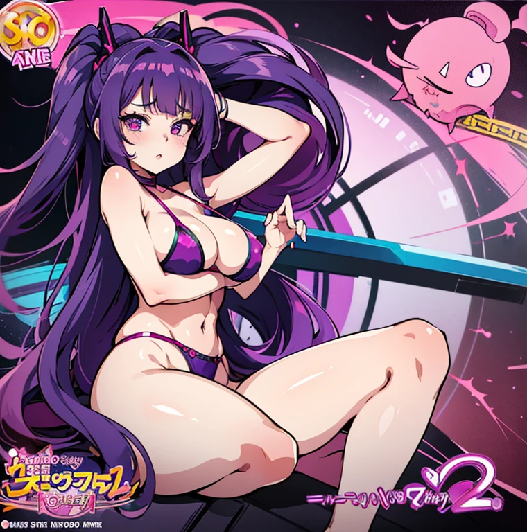 anime girl with long purple hair and purple bra top, seductive anime girl, juri misaki, anime waifu, ecchi anime style, anime moe artstyle, zerochan art, anime goddess, (anime girl), miku, anime monster girl, in a bikini, is wearing a swimsuit, anime girl, digital anime art!!, waifu, pretty anime girl