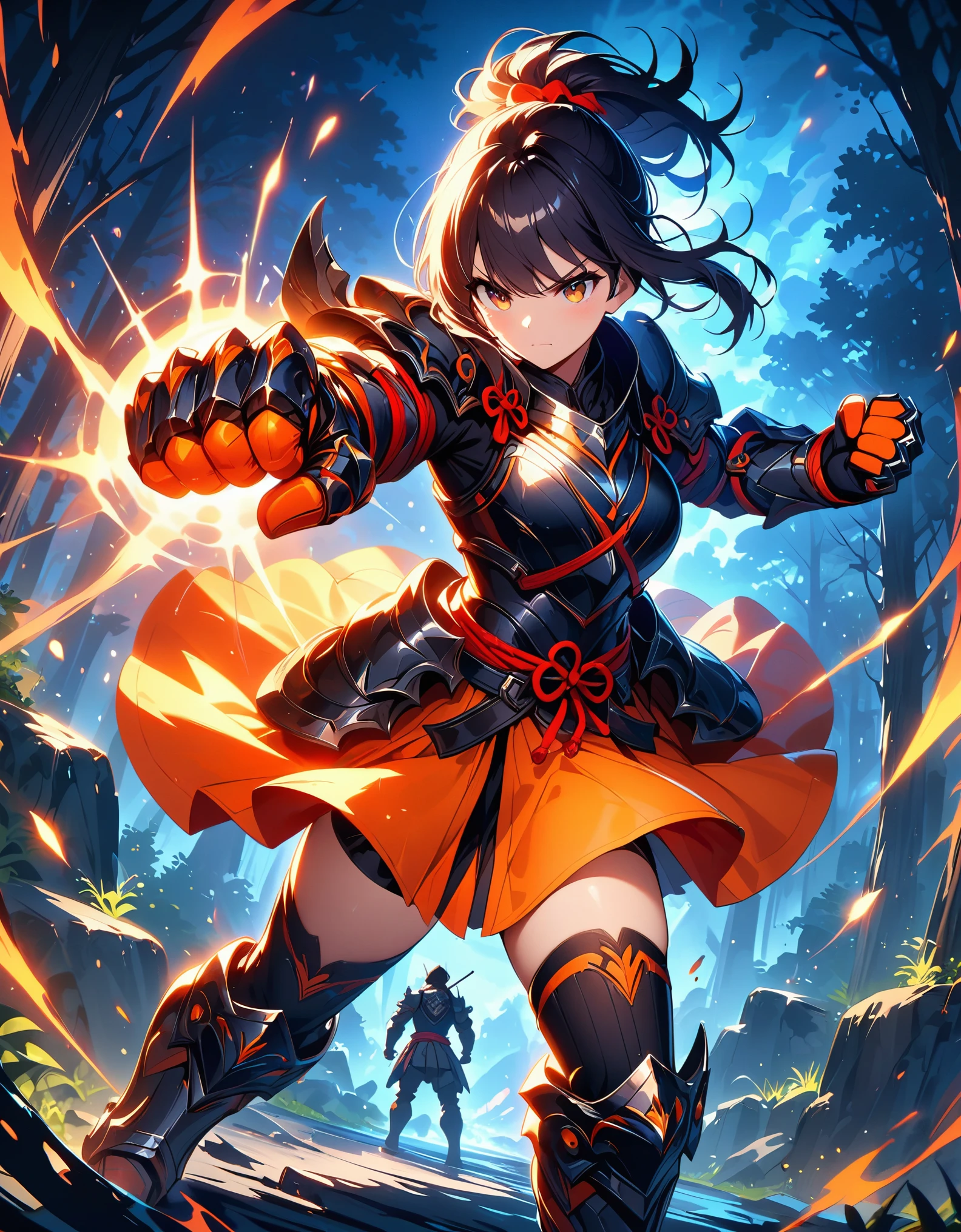 dramatic, gritty, intense, anime character, dynamic fighting pose, 1girl, solo, solo focus, (dark black hair, tied up hairstyle), (wearing black gloves), (wearing samurai armor, armored gauntlets, armored boots, thighhigh boots), (wearing a skirt, orange skirt. pleaded skirt), (black biker shorts), modern art, hair covering eyes, (clenched hand, clenched hands), forest, beautiful face, beautiful eyes, (brown eyes), vibrant colors, night, highest quality digital art, Stunning art, wallpaper 4k, 8k, k, HD, unparalleled masterpiece, best quality, full body, dynamic lighting, cinematic, epic, cowboy shot, fist gauntlets.