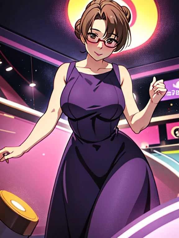 masterpiece:1.5, highest quality:1.5, beautiful, One girl, Side Lock, Cinema Lighting, Sharp focus,Large Breasts , Mature Woman, ,16k, Glowing Eyes, Detailed 4K Eyes, playground,lure, Wear glasses, Sexy lips, Lips parted,Detailed lips, Red lips, Detailed Background,((Big purple eyes)), Detailed face,Shiny skin, Aunt Junev3,Aunt June,Hair Bun, bangs, Messy Hair, dress,red dress, sleeveless dress, clavicle,Nightgown