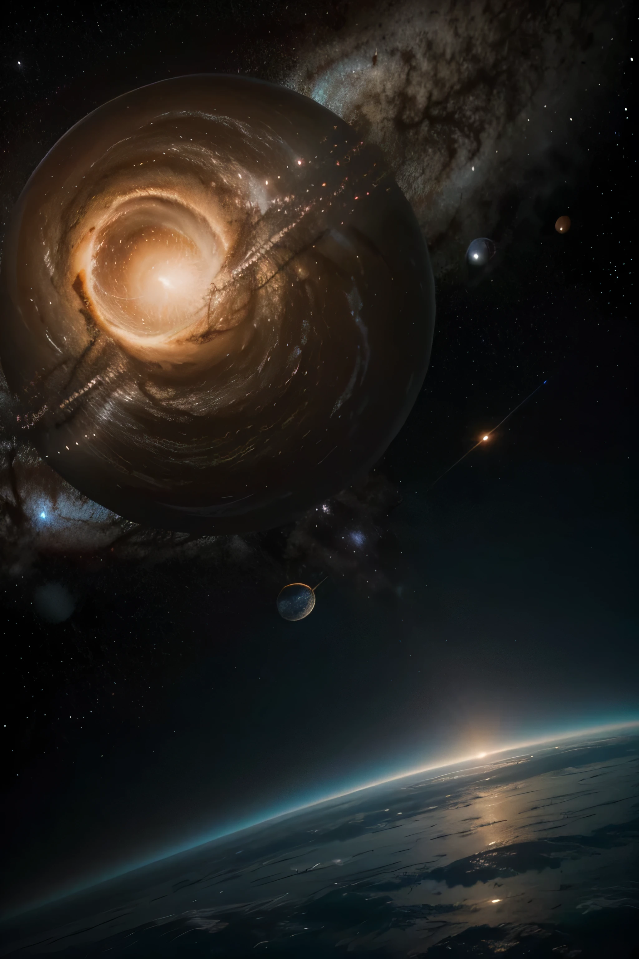 ((mestre)), ((melhor qualidade)), papel de parede ultra-detalhado da unidade CG 8k, incredibly delicate and beautiful illustration, flutuando, high resolution, dynamic, ((1 garota)), olhos castanhos, cabelo castanho, Traje de astronauta, fundo preto escuro, Stellar space, grandes estrelas brancas luminescentes, um enorme buraco negro ao fundo, colorful planets flutuando in a cosmic maelstrom