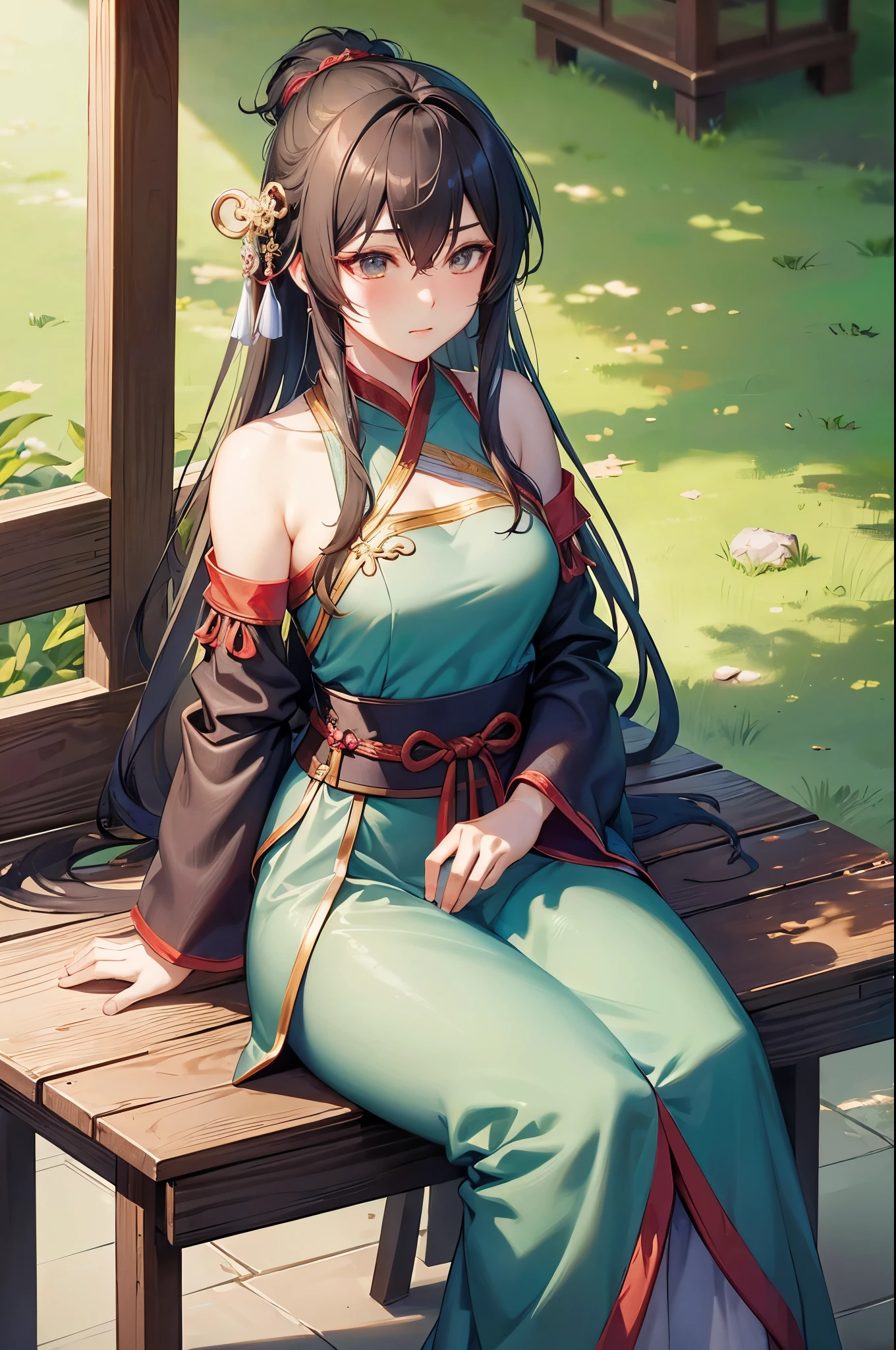 ancient china mythology, traditional style, greg rutkowski, bashful queen, isekai fantasy, wuxia genre, sitting at a table, (highly stylized artstyle), landscape