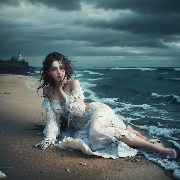 British woman in a tattered white dress washed up on a beach, Fear and anxiety expression、Surreal photos of the beach, Spooky sky、Photo Editing, Fantasy Photography, Photo by Alexei Grilev, Beauty, Photo: Alexei Kurylev, Inspired by Irakli Nadar, Photo Editing, Photo Editing, Inspired by Brooke Shaden, realistic Fantasy Photography, Brooke Schadden Details