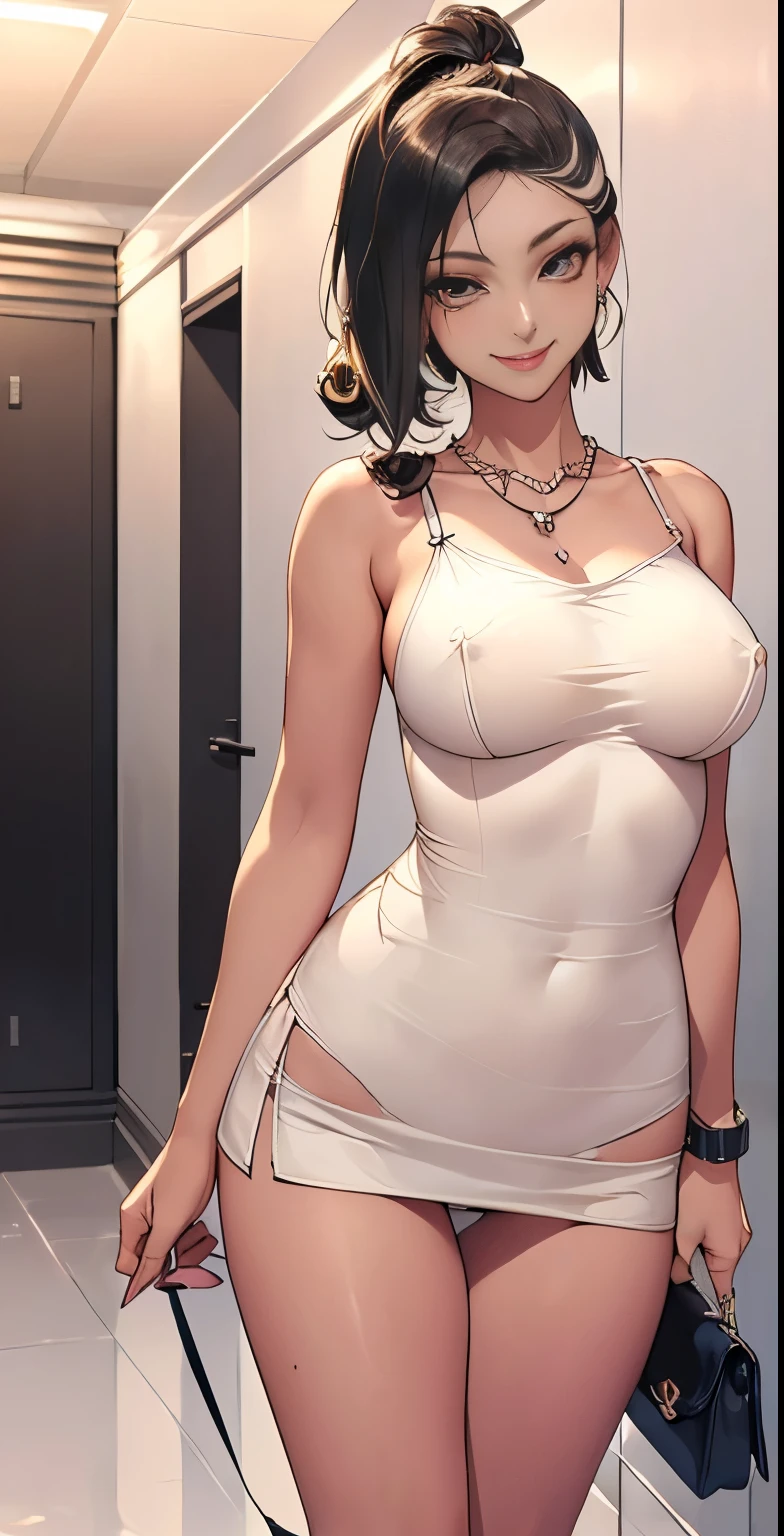 (Dark Skin:1.25),,(Two-tone erotic operator:1.24),(Erotic camisole that shows off your breasts:1.13)、(In a clean room),(Undercut Hairstyle),(Standing 1.38),(Captivating smile:1.45)、(make:1.1),Red false eyelashes、(Standard Chest:1.05),(Have a look at this:1.1),(Big earrings、Shoulder bag)、necklace、clock