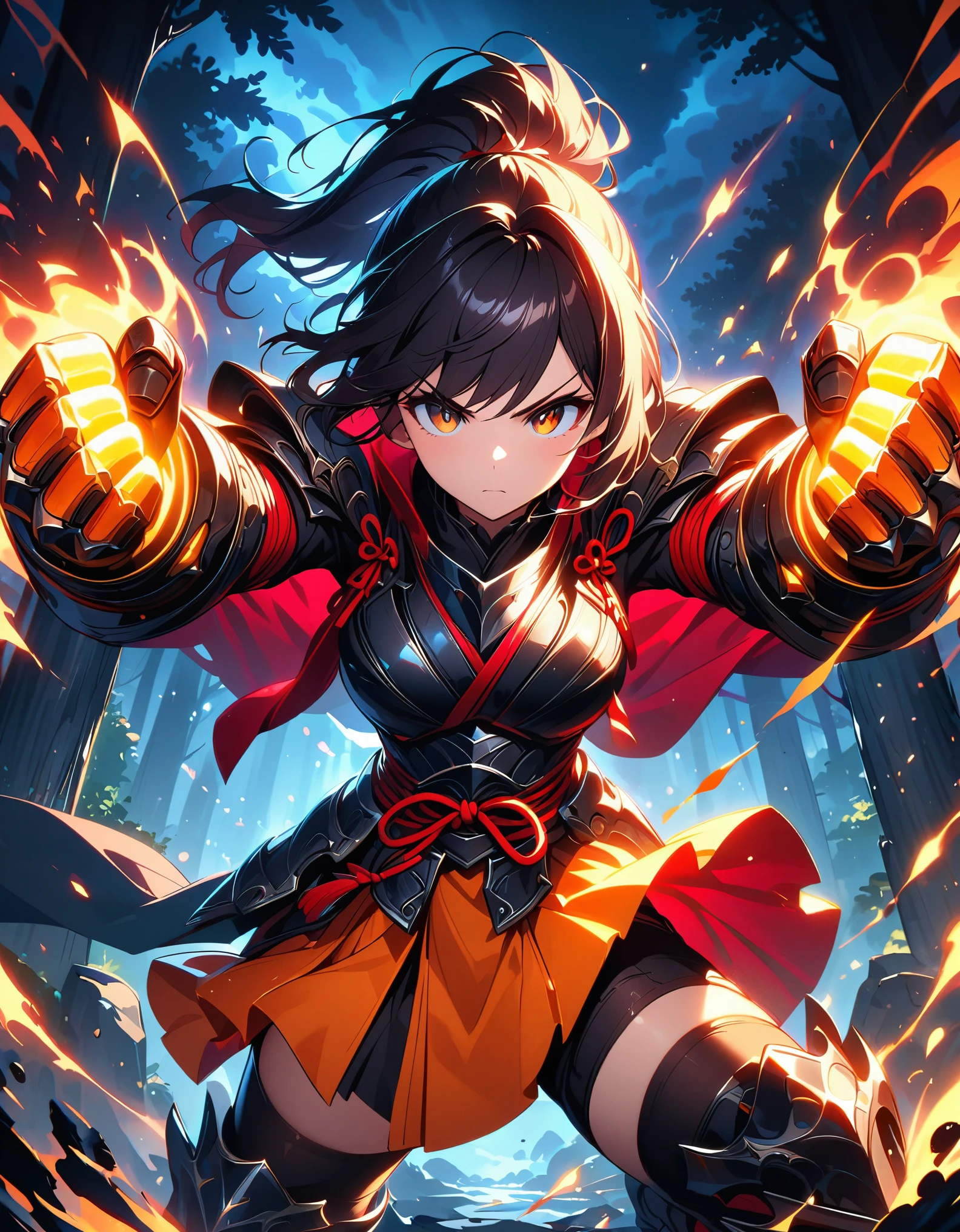 dramatic, gritty, intense, anime character, dynamic fighting pose, 1girl, solo, solo focus, (dark black hair, tied up hairstyle), (wearing black gloves), (wearing samurai armor, armored gauntlets, armored boots, thighhigh boots), (wearing a skirt, orange skirt. pleaded skirt), (black biker shorts), modern art, hair covering eyes, (clenched hand, clenched hands), forest, beautiful face, beautiful eyes, (brown eyes), vibrant colors, night, highest quality digital art, Stunning art, wallpaper 4k, 8k, k, HD, unparalleled masterpiece, best quality, full body, dynamic lighting, cinematic, epic, cowboy shot, fist gauntlets.