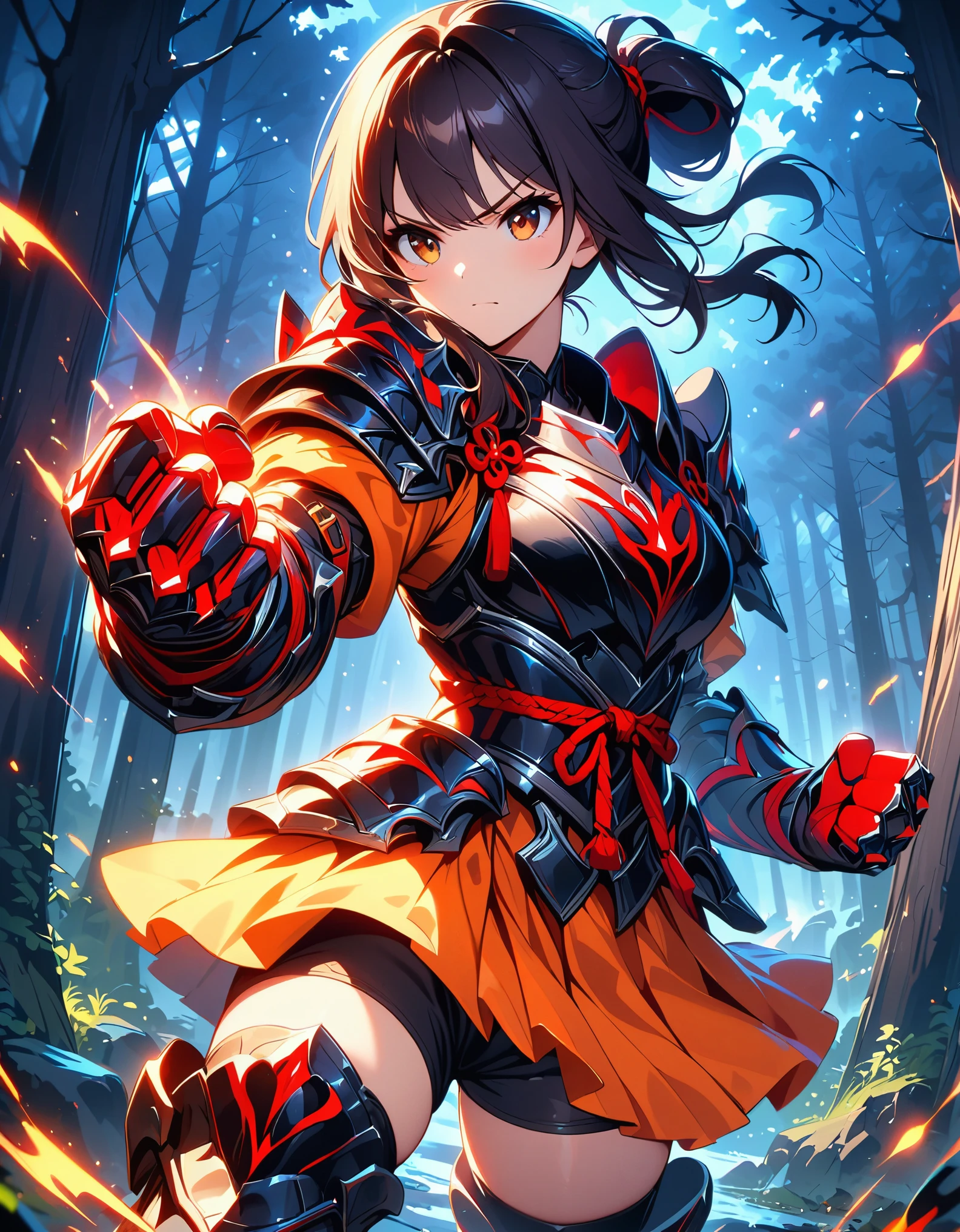 dramatic, gritty, intense, anime character, dynamic fighting pose, 1girl, solo, solo focus, (dark black hair, tied up hairstyle), (wearing black gloves), (wearing samurai armor, armored gauntlets, armored boots, thighhigh boots), (wearing a skirt, orange skirt. pleaded skirt), (black biker shorts), modern art, hair covering eyes, (clenched hand, clenched hands), forest, beautiful face, beautiful eyes, (brown eyes), vibrant colors, night, highest quality digital art, Stunning art, wallpaper 4k, 8k, k, HD, unparalleled masterpiece, best quality, full body, dynamic lighting, cinematic, epic, cowboy shot, fist gauntlets.