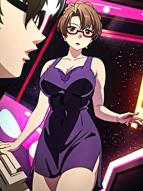 masterpiece:1.5, highest quality:1.5, beautiful, One girl, Side Lock, Cinema Lighting, Sharp focus,Large Breasts , Mature Woman, ,16k, Glowing Eyes, Detailed 4K Eyes, playground,lure, Wear glasses, Sexy lips, Lips parted,Detailed lips, Red lips, Detailed Background,((Big purple eyes)), Detailed face,Shiny skin, Aunt Junev3,Aunt June,Hair Bun, bangs, Messy Hair, dress,red dress, sleeveless dress, clavicle,Nightgown