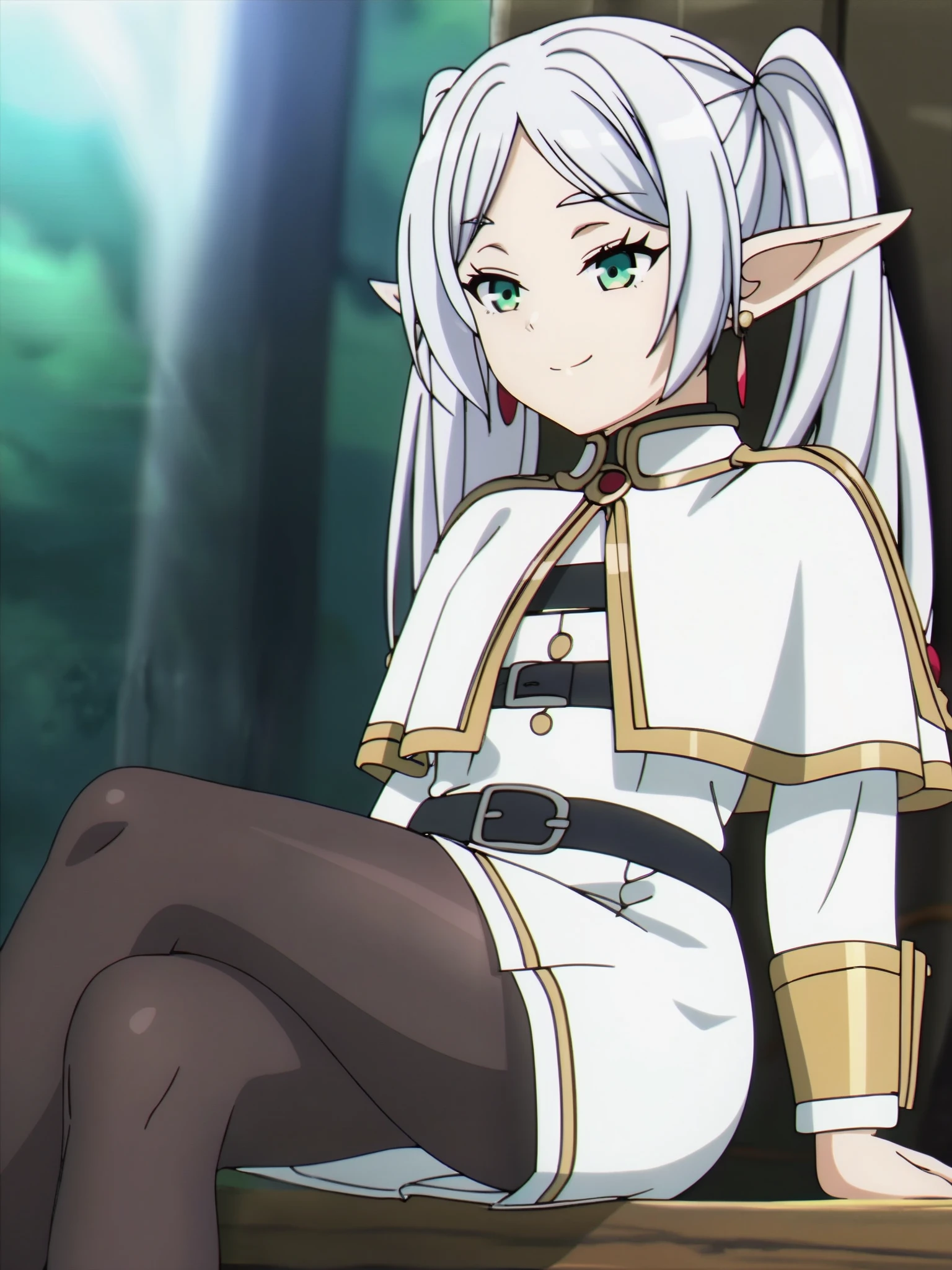 (masterpiece), best quality, expressive eyes, perfect face, 1girl, solo, parted bangs, twintails, silver hair, long hair, green eyes, pointy ears, elf, earrings, drop earrings, small breasts, thighs, thighs, smile, closed mouth, capelet, white capelet, gold trim, shirt, striped shirt, long sleeves, sleeve cuffs, belt, black belt, belt buckle, skirt, white skirt, pantyhose, black pantyhose, sitting, legs crossed, white background, 